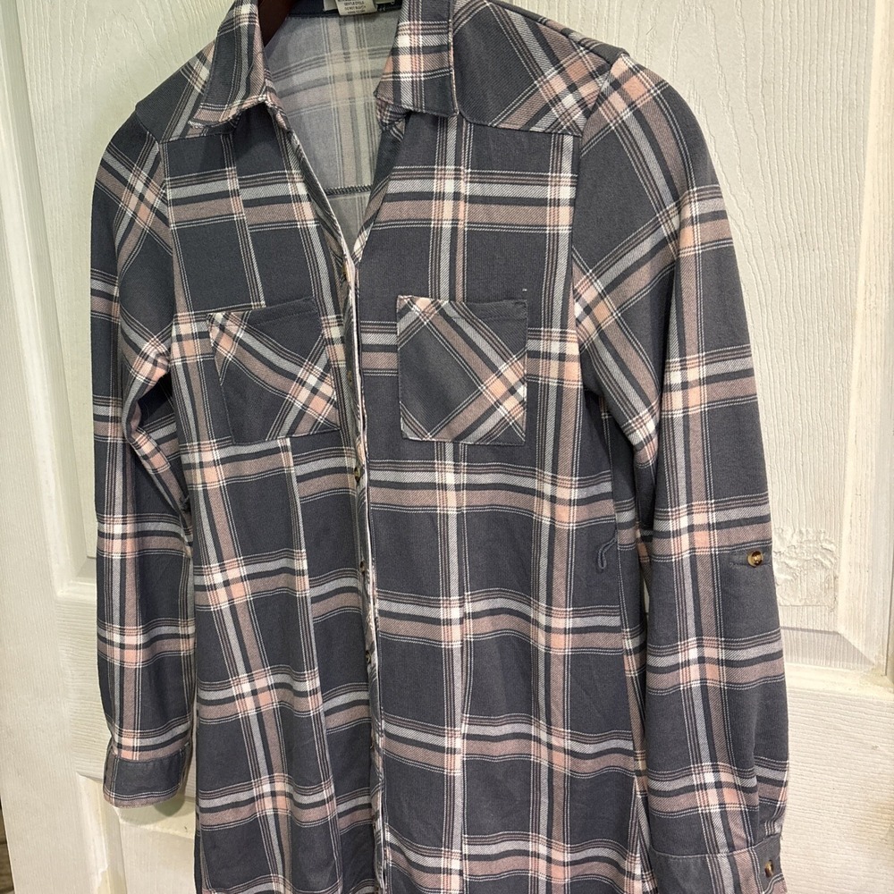 Passport Girls Size 10 Country Western  Grey/Pink Plaid Shirt Front Pockets
